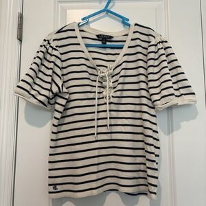 Women's‎ Ralph Lauren Black Label Striped Lace-Up Ribbed Cotton Top size M